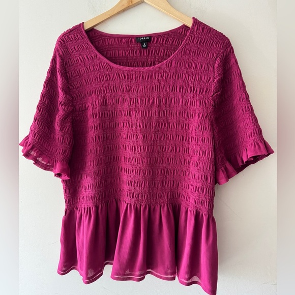 Torrid Fuchsia Pink Peplum Chiffon Smocked Top - Picture 2 of 6